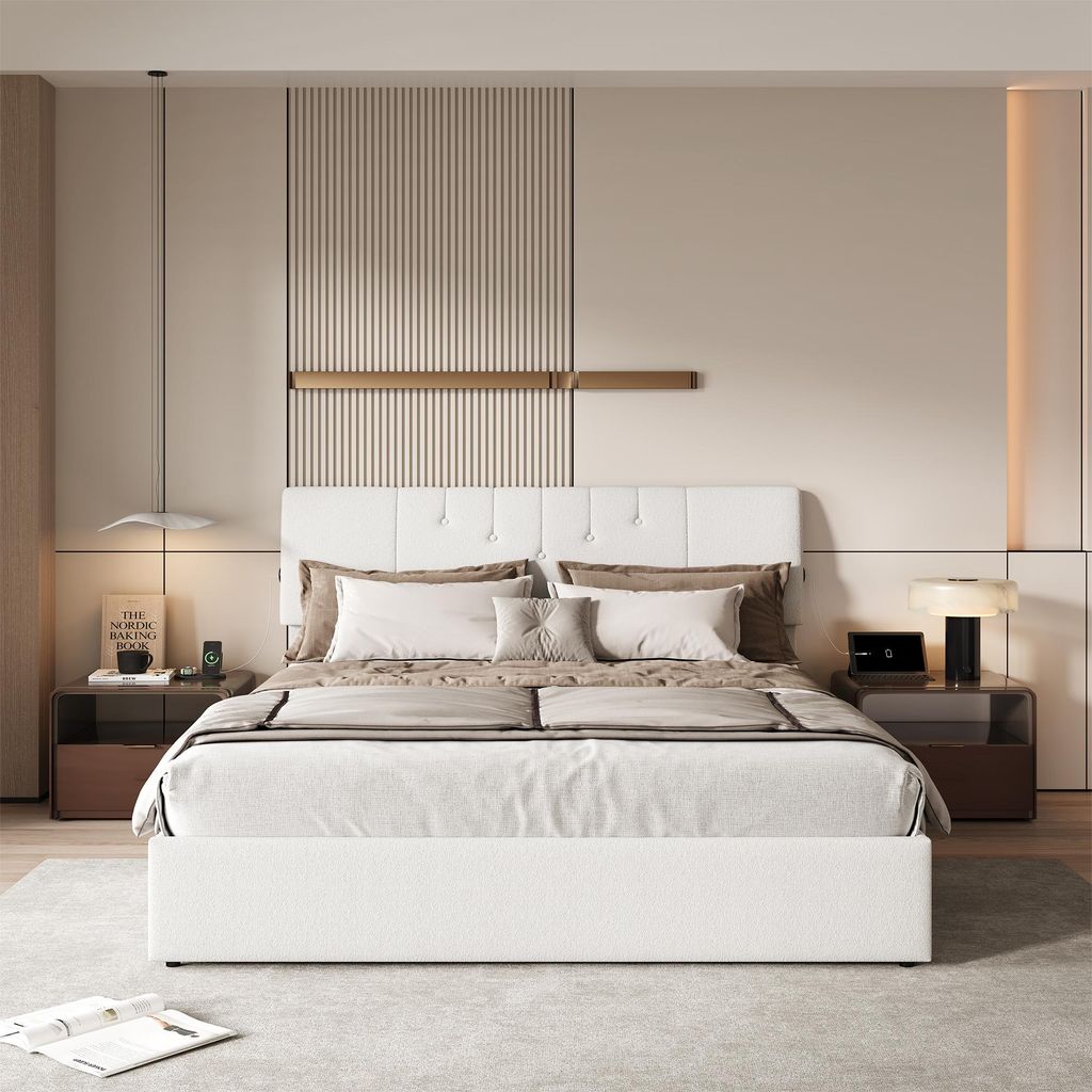UnboxG Doppelbett 140x200cm Weiß, Teddy-Stoff, Gasdruckbett Produktbild 