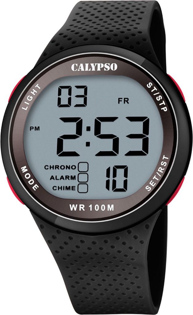 A digital watch with a black strap and a gray digital display.