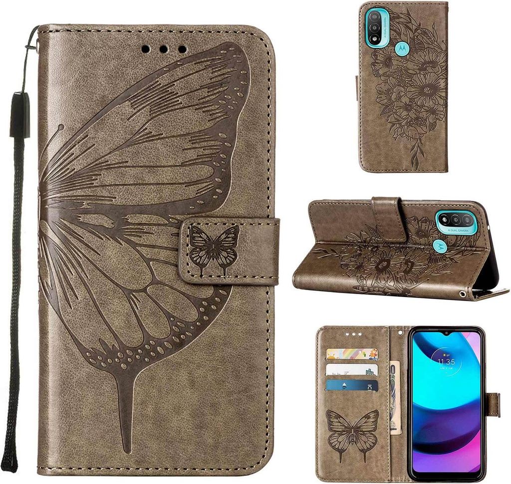 Moto E20 Hülle, Schmetterling Prägung Flip Leder Kartenfächer Schutzhülle Ledertasche mit Ständer für Motorola Moto E20 / E30 / E40 Grau