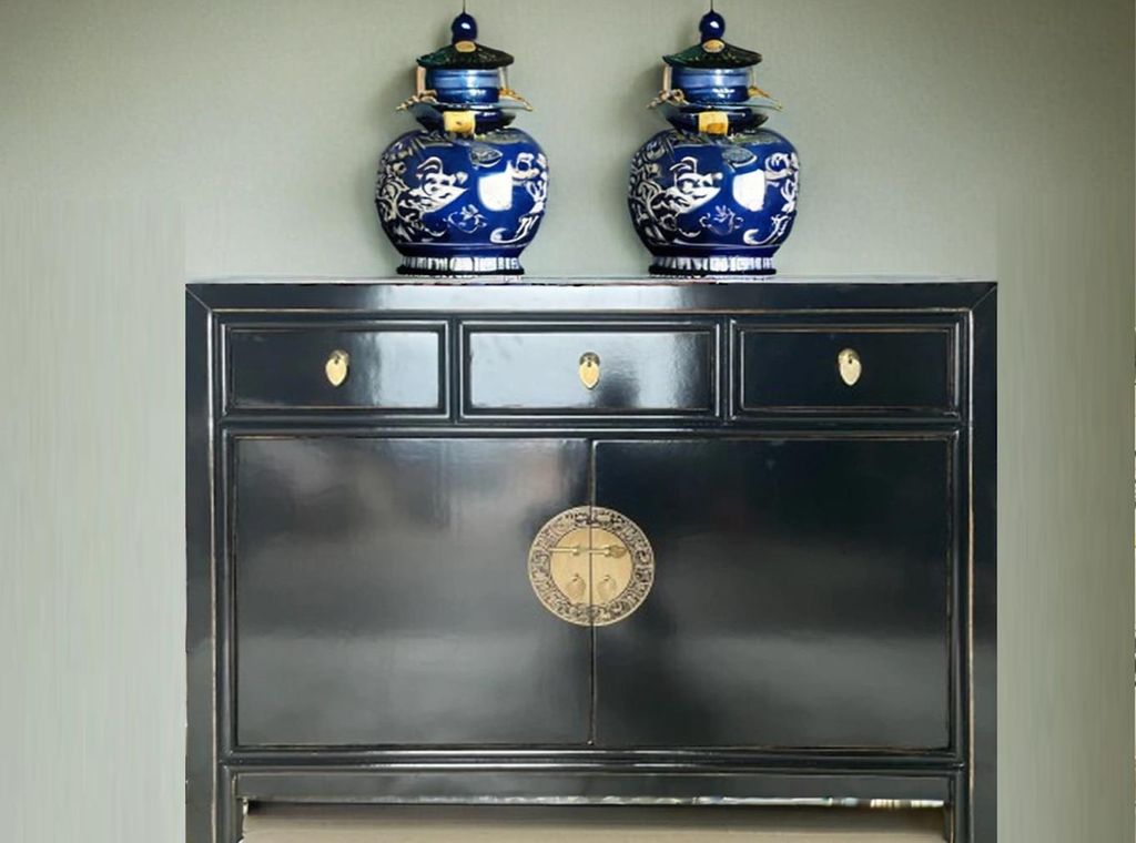 OPIUM OUTLET Chinesische Kommode Asia Sideboard orientalischer Schrank asiatische Vintage Möbel Anrichte Hochzeitsschrank komplett montiert schwarz