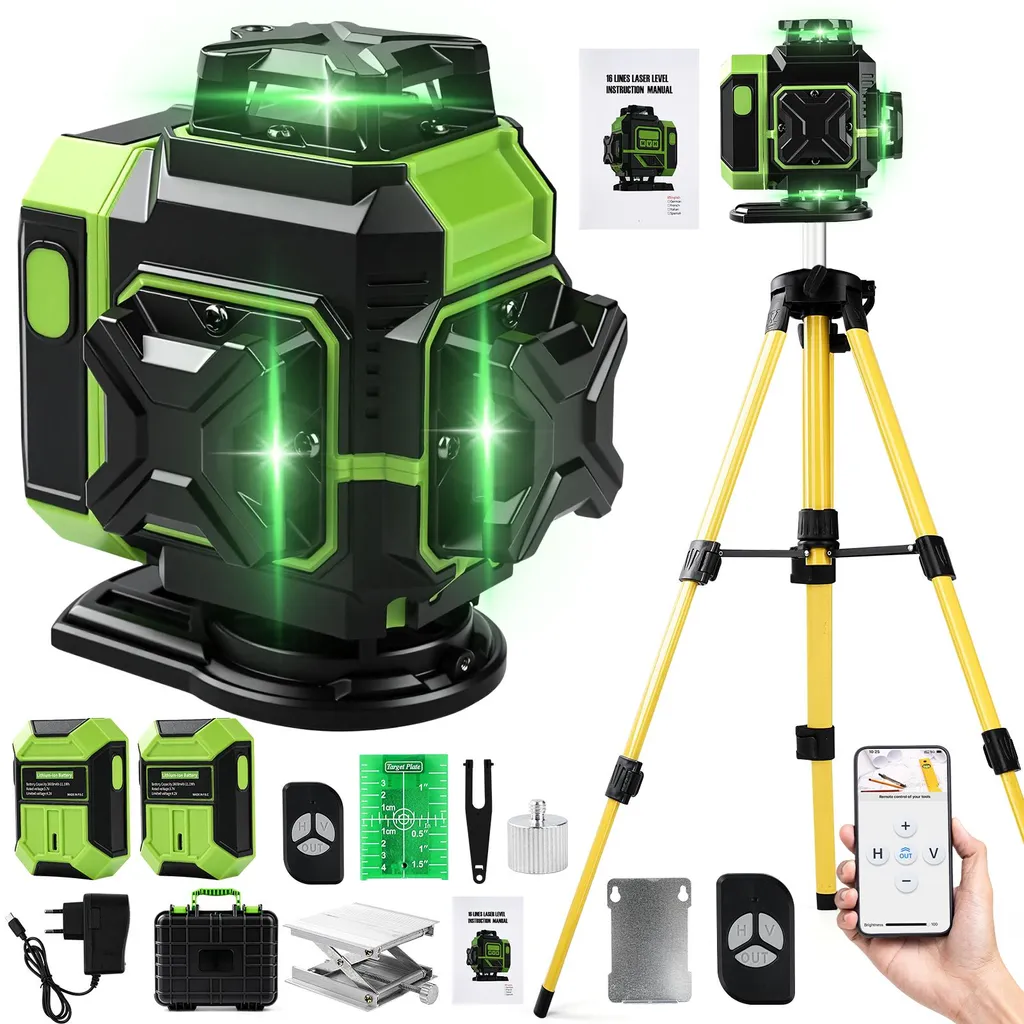 Niveau laser 4D 16 lignes vert 360° avec trépied et 2 batteries 3600mAh