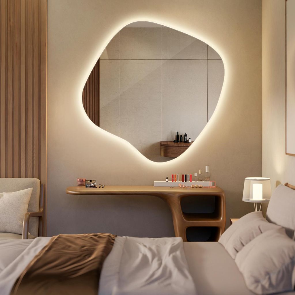 LED Lichtspiegel 67,6×67 cm – Asymmetrischer Wandspiegel im modernen Design – Beleuchteter Spiegel für Badezimmer & Wohnzimmer – Warmweiß ...