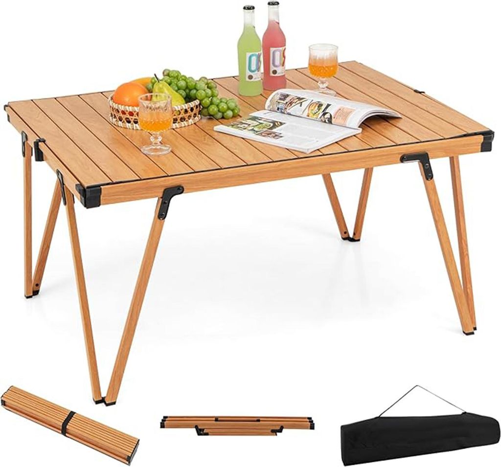 Klappbarer Campingtisch, leichter Outdoor-Aluminiumtisch mit Tragetasche, robuster, ausklappbarer Grilltisch für Gartenpartys, Wohnmobile, Hellbraun