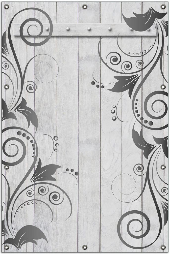 Wallario Outdoor-Poster für Garten oder Balkon, Motiv Graue Holztür mit Schnörkelmuster, in ca. 100 x 150 cm