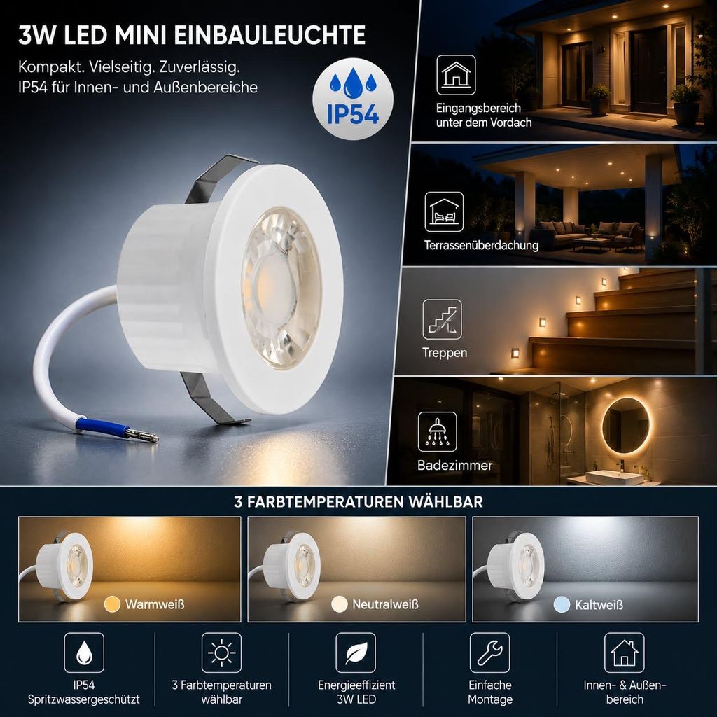 Klein Mini 3W LED Einbaustrahler Einbauleuchte Einbauspot Spot 4000K Neutralweiß 240 Lumen 230V Anschluss Schutzart IP54 Weiß