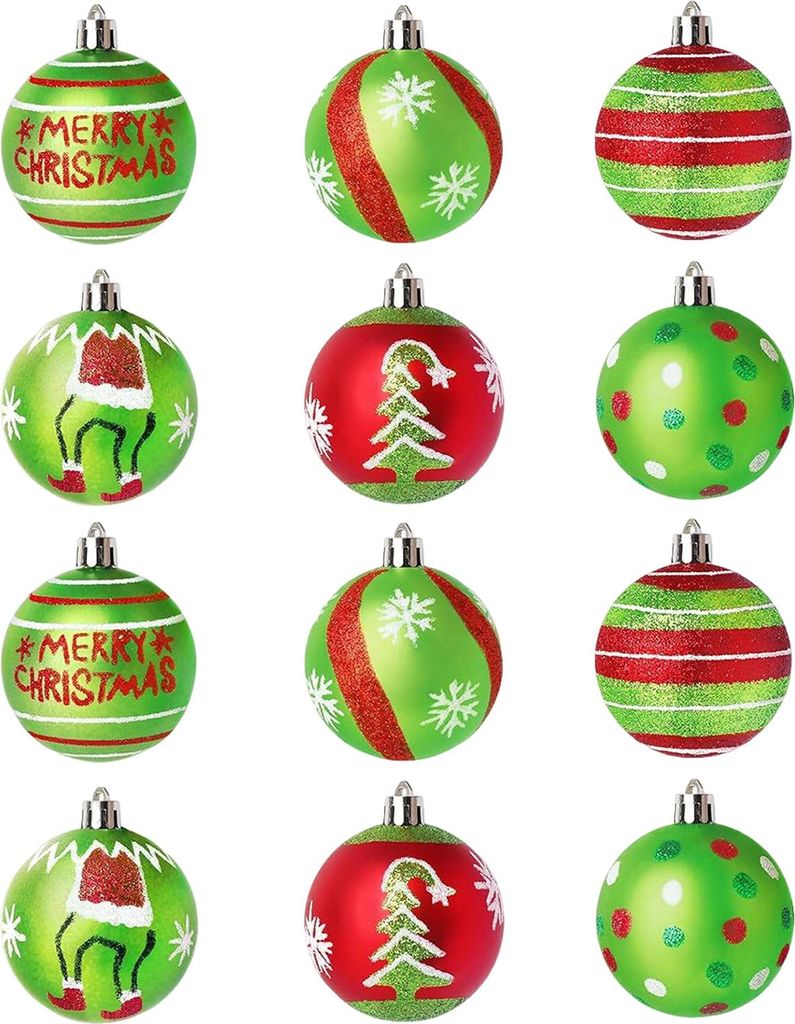 12 Stück 2,4 Zoll große Weihnachtskugel-Ornamente, glitzernde rot-grüne Kunststoff-Hängekugeln, Wirbel-Zuckerstangen-Elfenbälle, Weihnachtsbau...