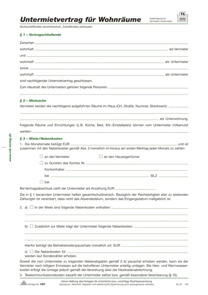 Contrat de sous-location habitation RNK 520/10 - 4 pages, 10 pièces