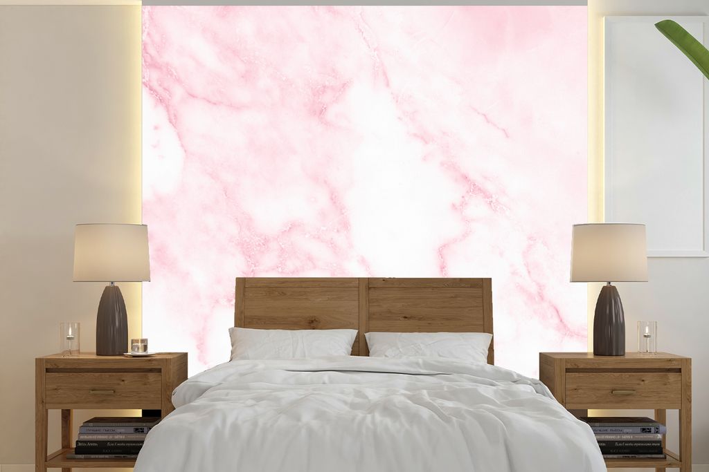 MuchoWow Fototapete für Wohnzimmer oder Schlafzimmer Wandtapete Vinyl Motivtapete Marmor - Weiß - Rosa - Chic - Marmoroptik - 280x280 cm - Hint...