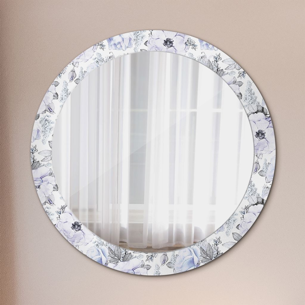 Ø80cm Spiegel - Glasrahmen mit Aufdruck - Wandspiegel Schlafzimmer - Blau Rosen