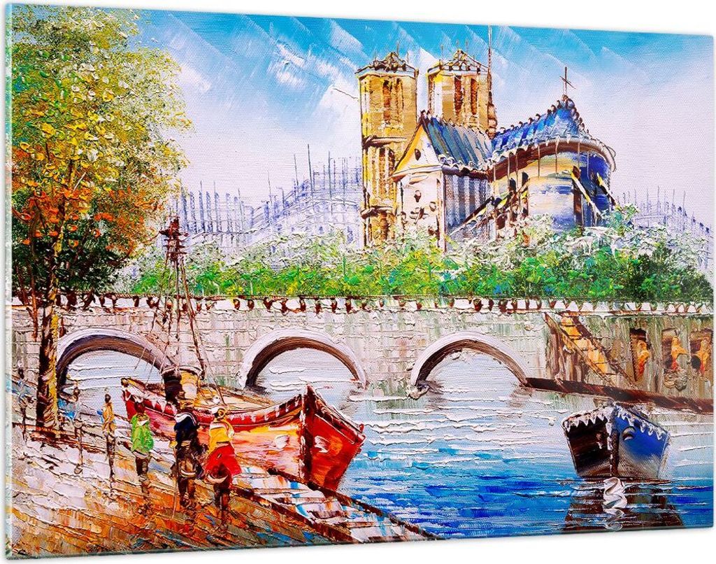 Bilder auf glas - Boot Fluss Brücke Zeichnung - 120x80cm - Glasbilder - Wandbilder - Kunstdruck - zum Aufhängen bereit - Wanddekoration aus Glas ...
