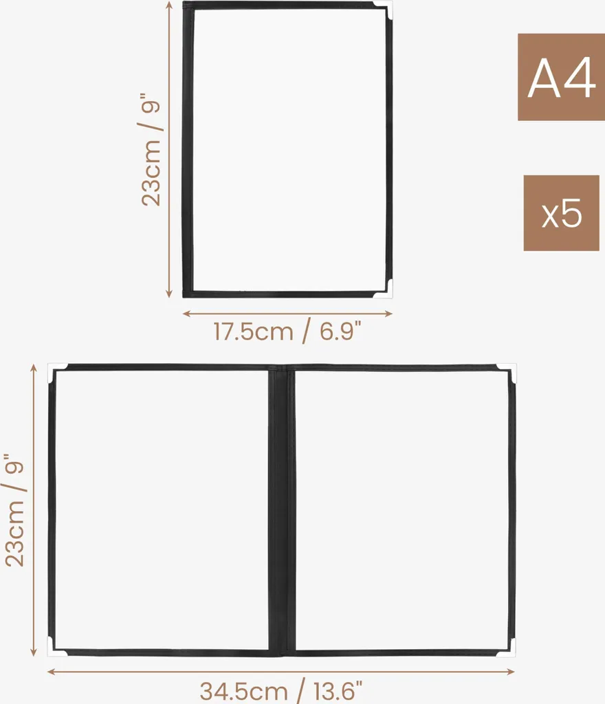 Pochettes de Menu A4 pour Restaurant et Café : Set de 5 Accessoires - 5