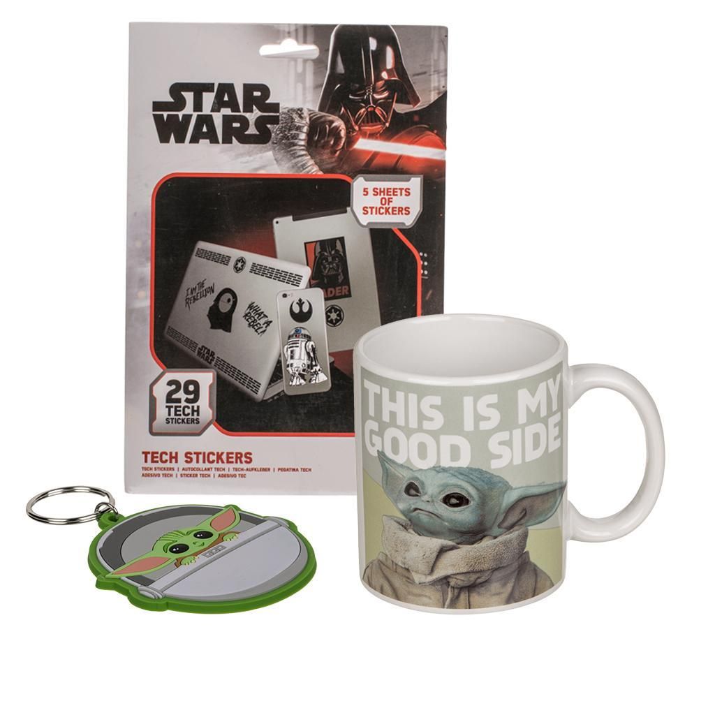 Star Wars Geschenkset – The Mandalorian II Becher 325ml, Schlüsselanhänger & Sticker-Set (29 Sticker) – Film Merchandise & Geschenkidee