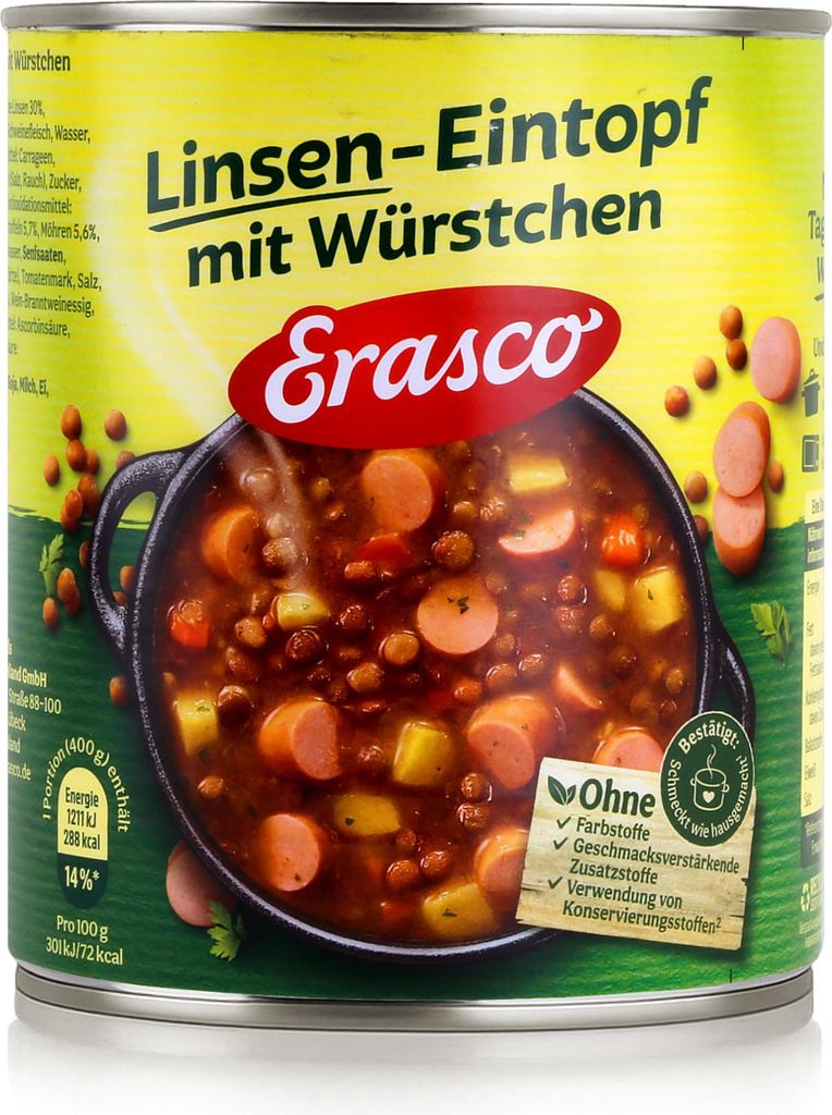 A close-up of a can of Erasco Lentil Stew with Sausages.
