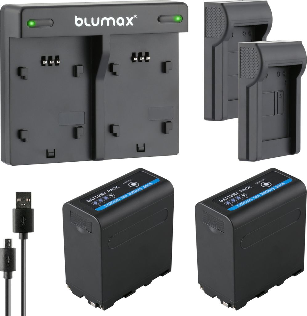 2x Akku + Lader für Sony NP-F970 | mit 5V USB Ausgang und DC 8,4V 7850 mAh