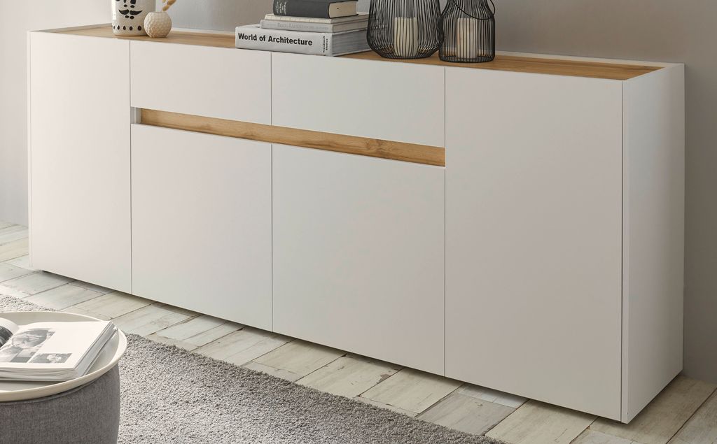 Sideboard "Center" in weiß mit Wotan Eiche, Kommode 4-türig 220 x 87 cm