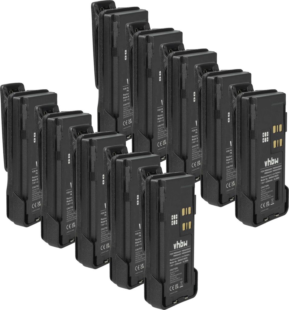vhbw 10x Akku Ersatz für Motorola PMNN4489A, PMNN4412, PMNN4409BR, PMNN4448 für Funkgerät, Walkie Talkie (2200 mAh, 7,4 V, Li-Ion) + Gürtelclip