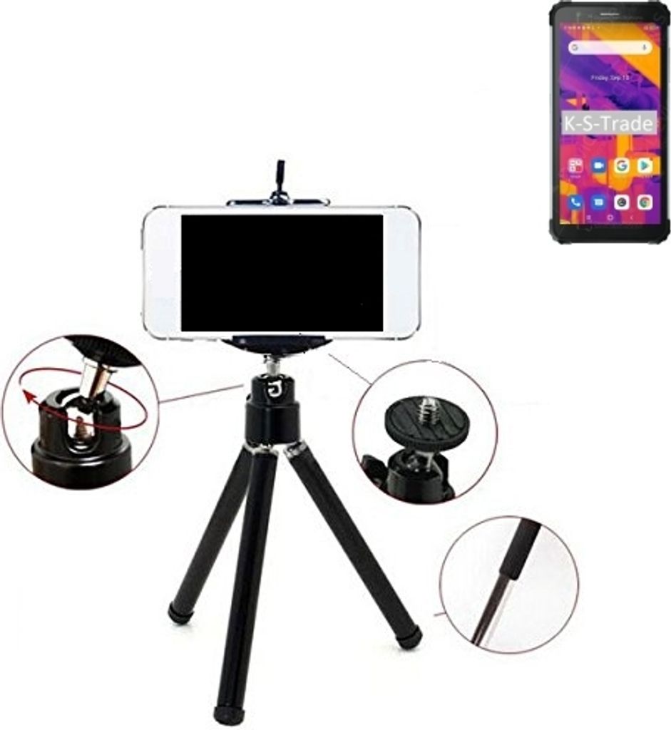 K-S-Trade Smartphone Stativ Dreibein kompatibel mit Blackview BV6600 Pro Tripod aus Aluminium Klemmstativ Stativ Adapter für Mobiltelefone schwarz