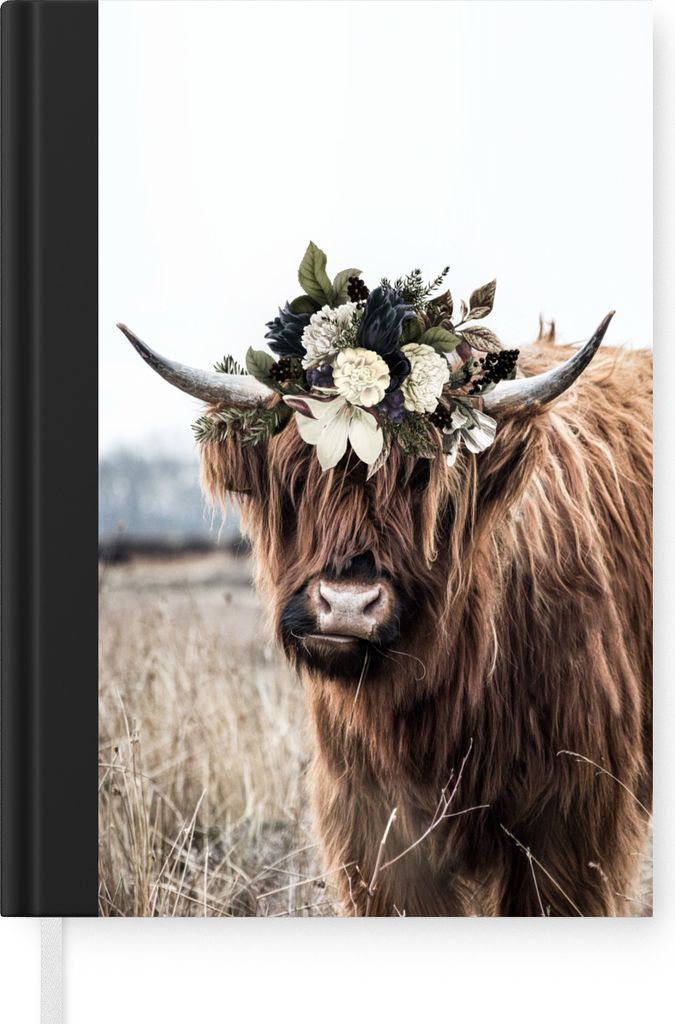 MuchoWow Notizbuch Tagebuch Haushaltsbuch Notebook A5 Scottish Highlander - Gras - Blumen - Notizblock - Notizheft - Notebook - Schreibblock - Pa...