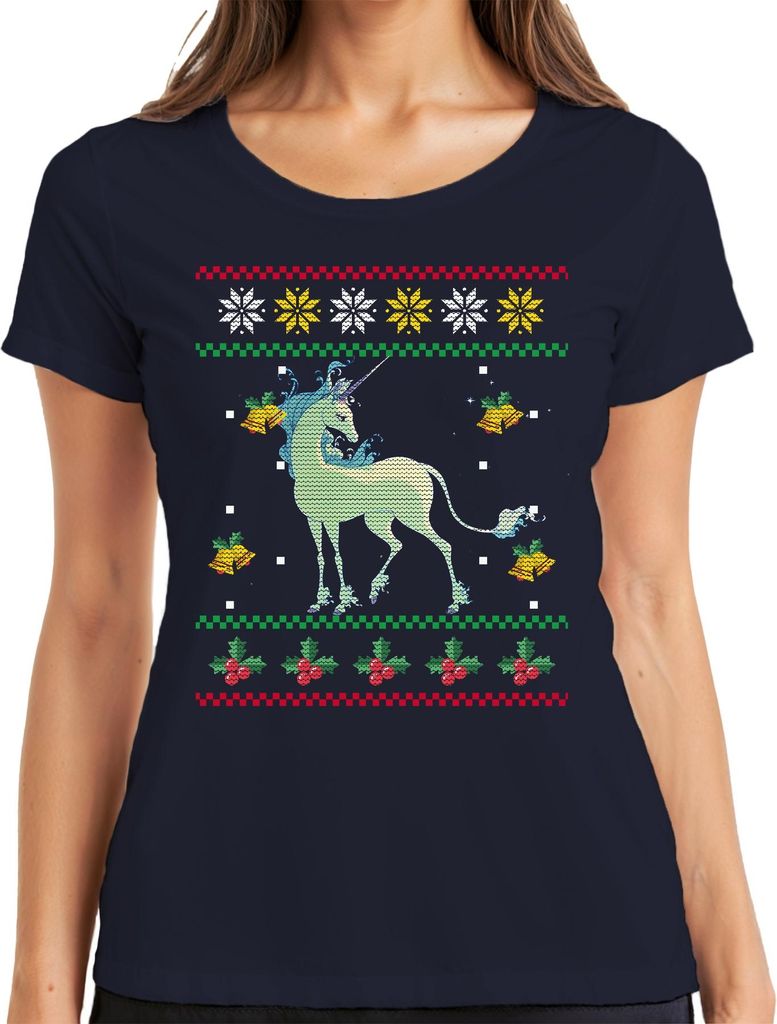 Das letzte Einhorn - Ugly Christmas Sweater Weihnachten Weihnachtsgeschenk Damen T-Shirt, Navy, XXL