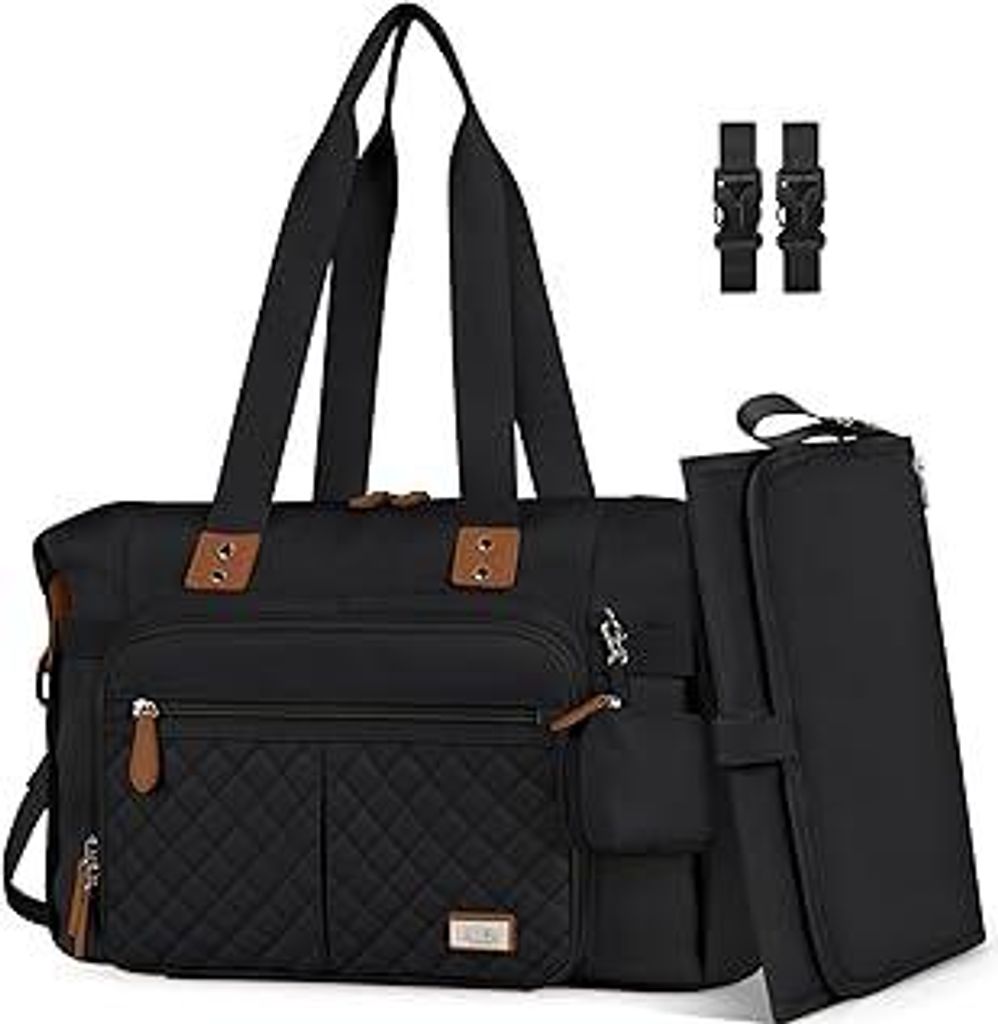 RAINSMORE Baby Wickeltasche Groß mit Schnullertasche und Wickelunterlage Multifunktions Babytasche Reisewindeltasche für Mama und Papa Schwarz