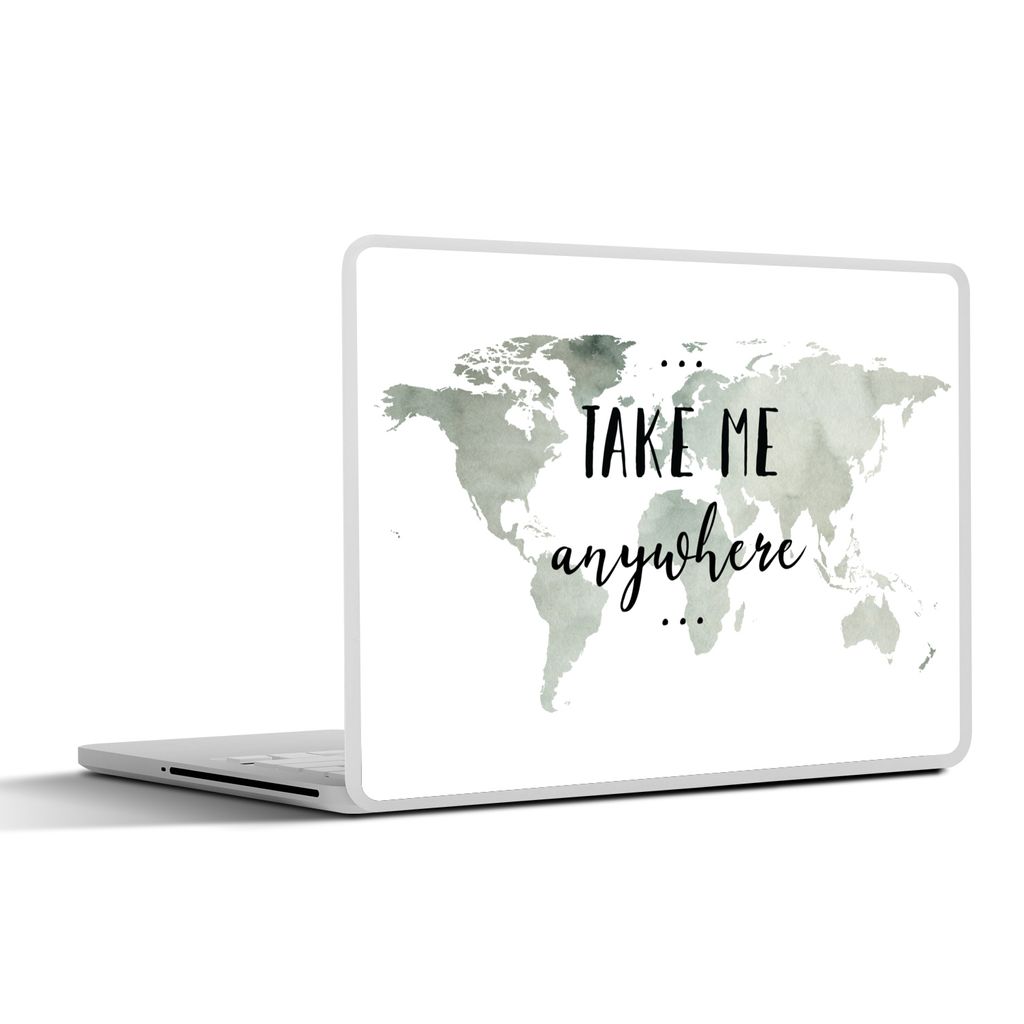 MuchoWow Laptop Aufkleber Sticker Cover Weltkarte - Zitat - Take Me Anywhere 31x22.5 cm - Laptop-Deko