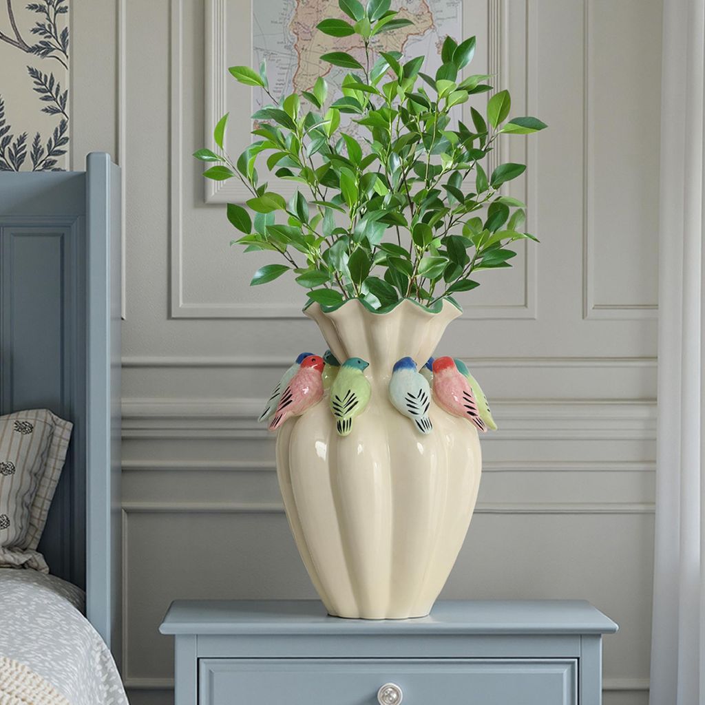 Keramikvase, Beige,39 cm,Moderne Blumenvase mit 3D-Vogelfiguren, Handbemaltes Design