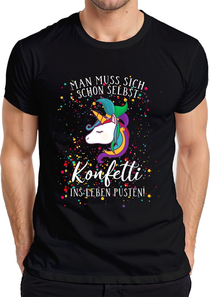 Man muss sich schon selbst Konfetti ins Leben pusten Einhorn Herren T-Shirt, Schwarz, 3XL