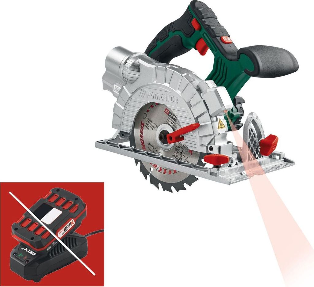 A cordless circular saw with a laser guide, shown with a separate inset image of a battery and charger.