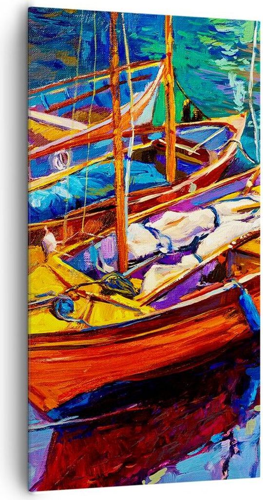 Bild auf Leinwand - Leinwandbild - Boote Bunt Angeln Wasser - 65x120cm - Wand Bild - Wanddeko - Leinwanddruck - Bilder - Kunstdruck - Wanddekoratio...