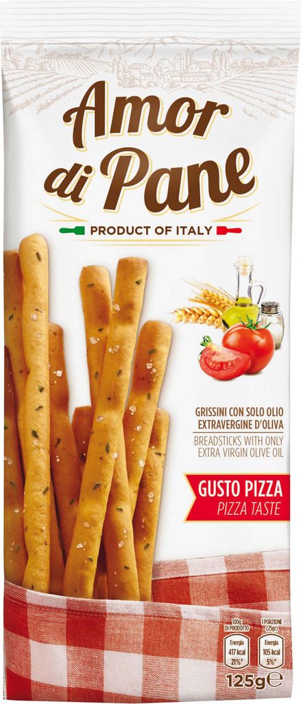 Verpackungsbild Amor di Pane knusprige Grissini mit Olivenöl und Pizza Geschmack 125g