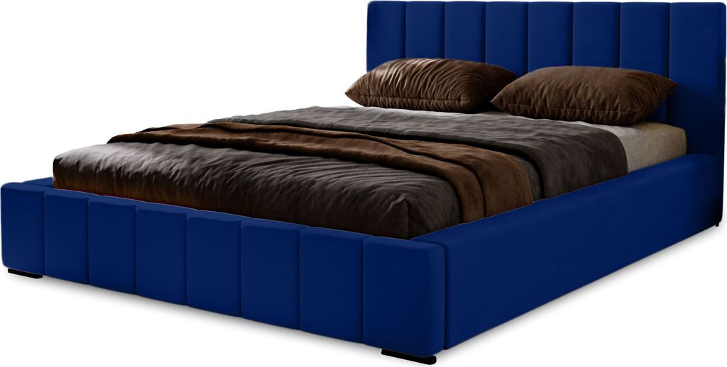 Polsterbett Nero 140x200 cm, Bett mit Kopfteil, Doppelbett mit Bettkasten , Lattenrost und Matratze aus Holz, Velourstoff: Dunkelblau
