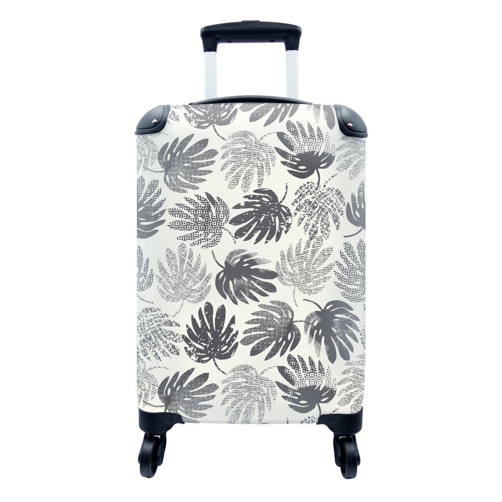 MuchoWow Koffer Handgepäck Trolley Rollkoffer Kleine Reisekoffer mit 4 Rollen - Monstera - Schwarz und weiß - Muster - Vintage - Cabin Size < 5...