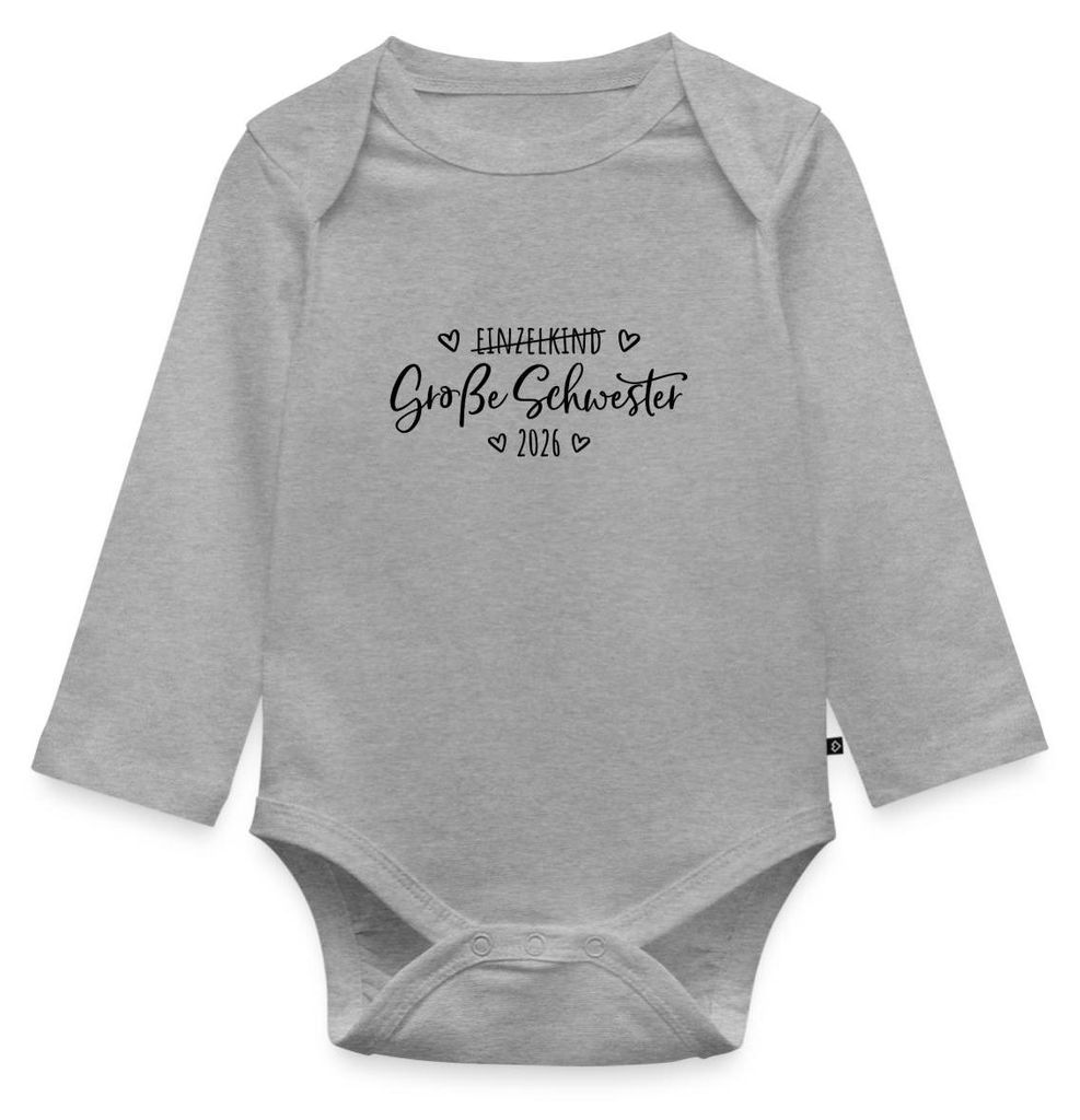 Spreadshirt Große Schwester 2026 Einzelkind Ende Herz Tages Baby Body Langarm, 74 (6-9 M.), Grau meliert