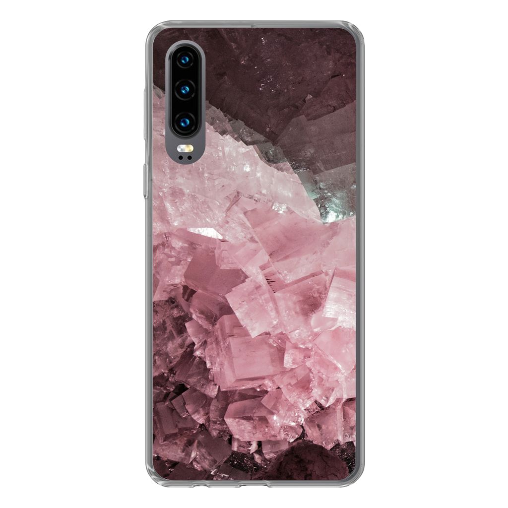 MuchoWow Handyhülle Schutzhülle Hülle für Huawei P30 Naturstein - Rosa - Kristall Silikon Softcase Handy Hülle - Kartenbesitzer
