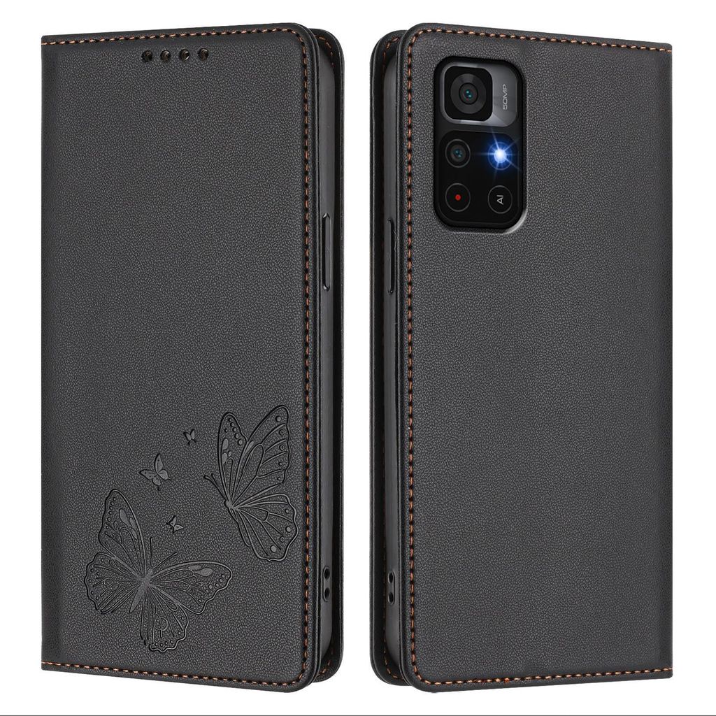 Lederhülle für Xiaomi Poco M4 Pro 5G/Redmi Note 11 5G, Schmetterling Prägung Leder Brieftasche Schutzhülle mit Ständer Schwarz