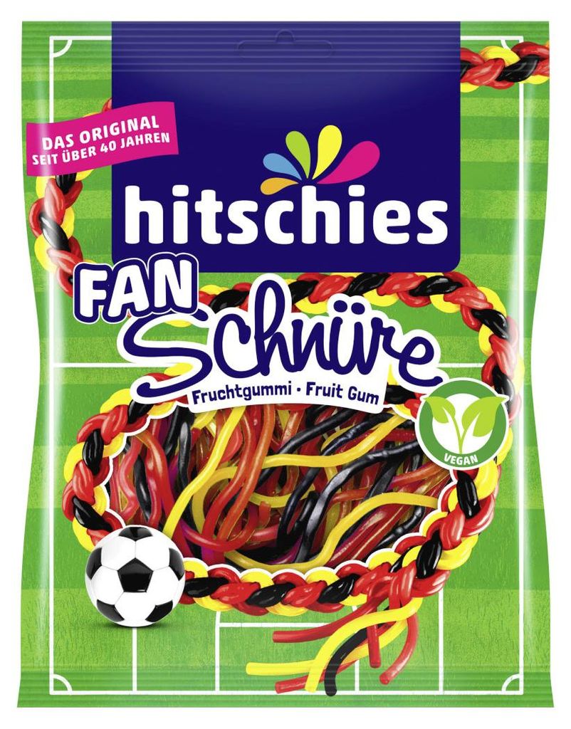 Hitschies Fan Schnüre Fruchtgummi schwarz rot gold Packung 125g