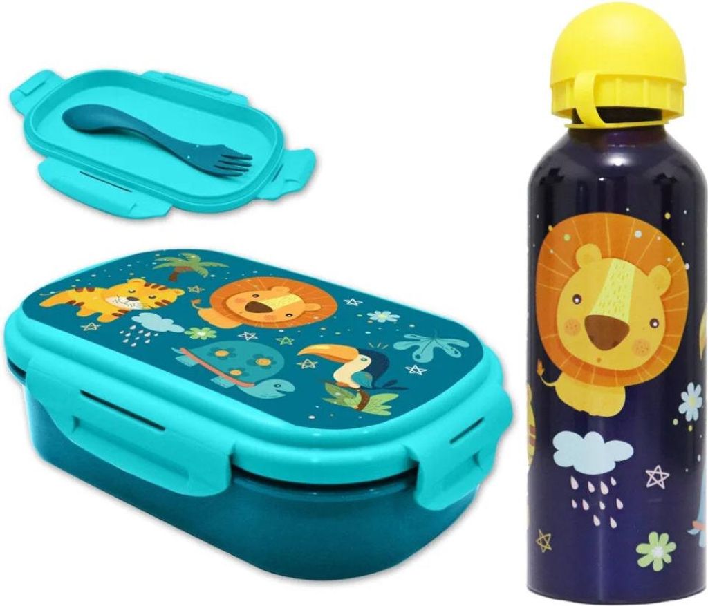 Jungle Friends 3 tlg Kinder Lunch Set Brotdose Alu Trinkflasche 500 ml Göffel – Blau