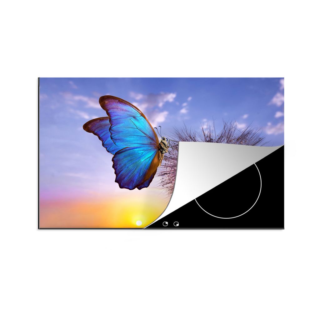 KitchenYeah Herdabdeckplatte Schmetterling - Sonnenuntergang - Löwenzahn - Blau , 80x52cm, Küche Deko, Glaskeramikkochfeld Herdabdeckung, Abdec...