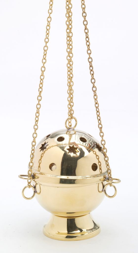 Weihrauchfass mit Kette zum Hängen aus Messing Gold poliert Höhe 15 cm mit Innenschale aus Stahl für die Räucherkohle