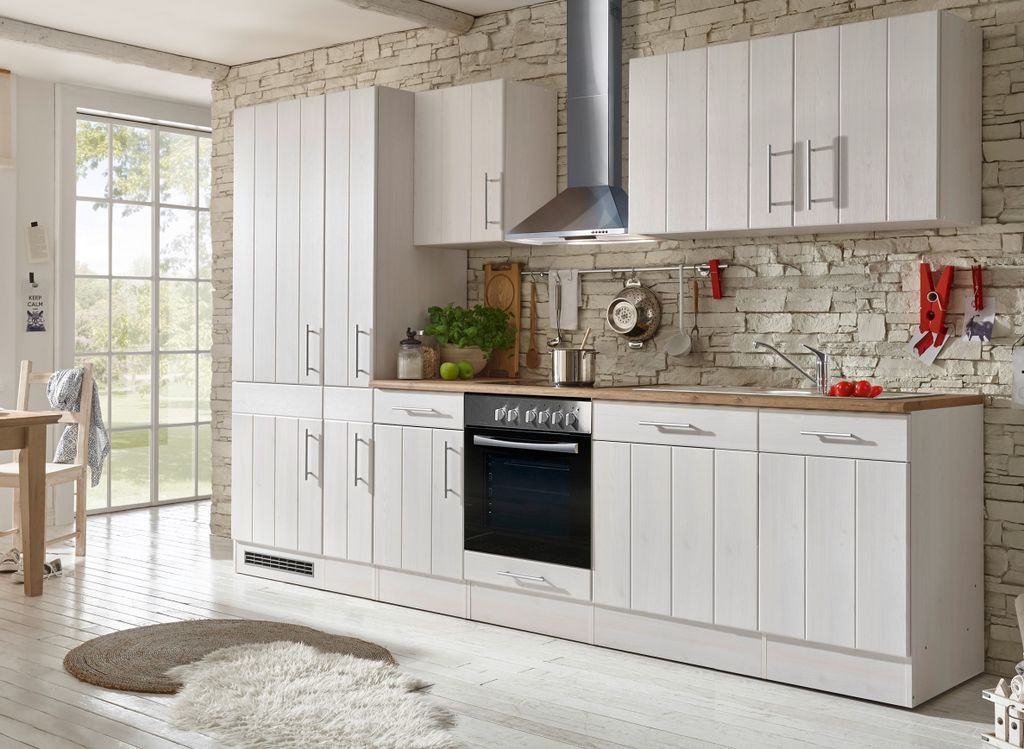 Küchenzeile Küche Küchenblock Einbauküche 300cm Komplett weiß Beton respekta 