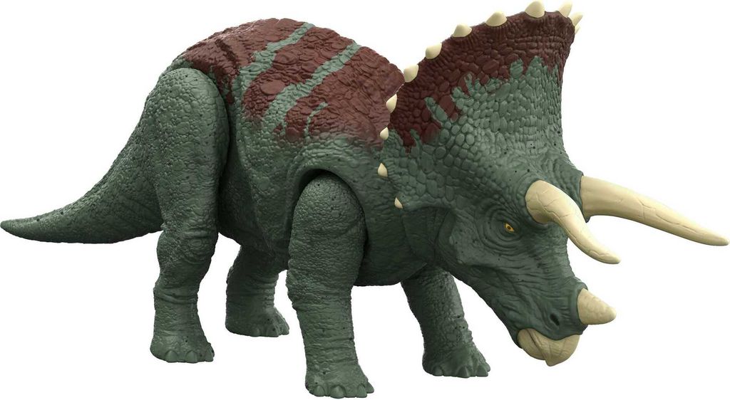 A toy Triceratops dinosaur is shown from a side-diagonal view against a white background.