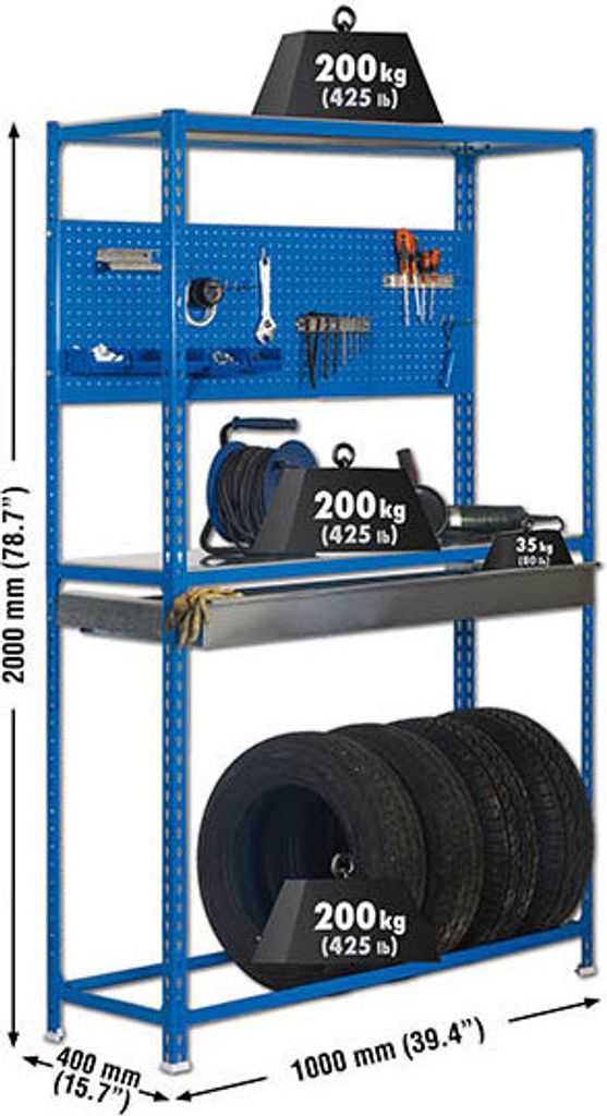 Simonrack Werkbank KIT SIMONRACING BOX PLUS 3/400 blau, verzinkt 1 Schublade 100,0 x 40,0 x 200,0 cm