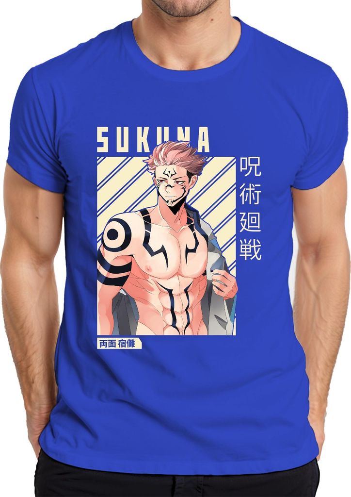 Sukuna Jujutsu Kaisen Fluchkönig Tätowiert Muskel Anime Geschenk Herren T-Shirt, Blau, XL