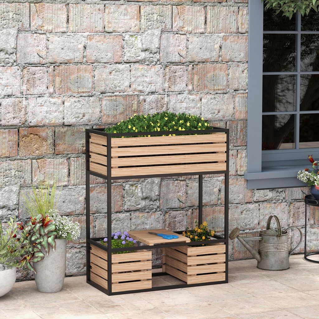 Hochbeet Blumentreppe 3 Pflanzkästen, Kräuterbeet Stahl-Tannenholz, Blumenständer outdoor, Braun | 83 x 39 x 100 cm | 14,5 kg | wetterfest