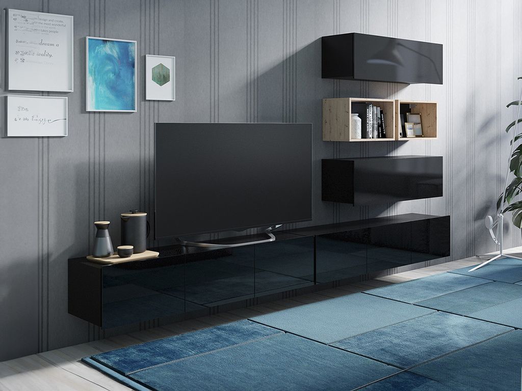 Wohnwand CALABRINI-27 Wohnzimmer-Set Hängewohnwand Schrankwand Schrank TV-Schrank Moderne Anbauwand Hochglanz (Schwarz / Artisan Eiche)