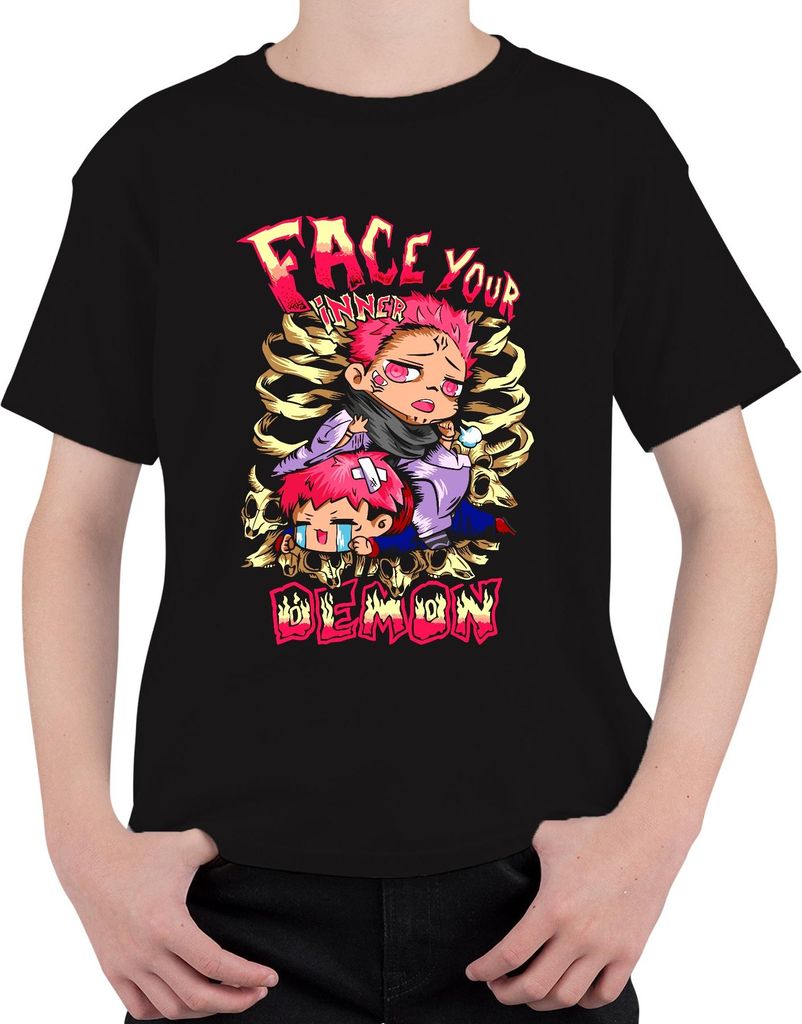 Face Your Inner Demon Chibi Anime Ästhetik Skull Gothic Otaku Uni Kinder T-Shirt, Schwarz, 152