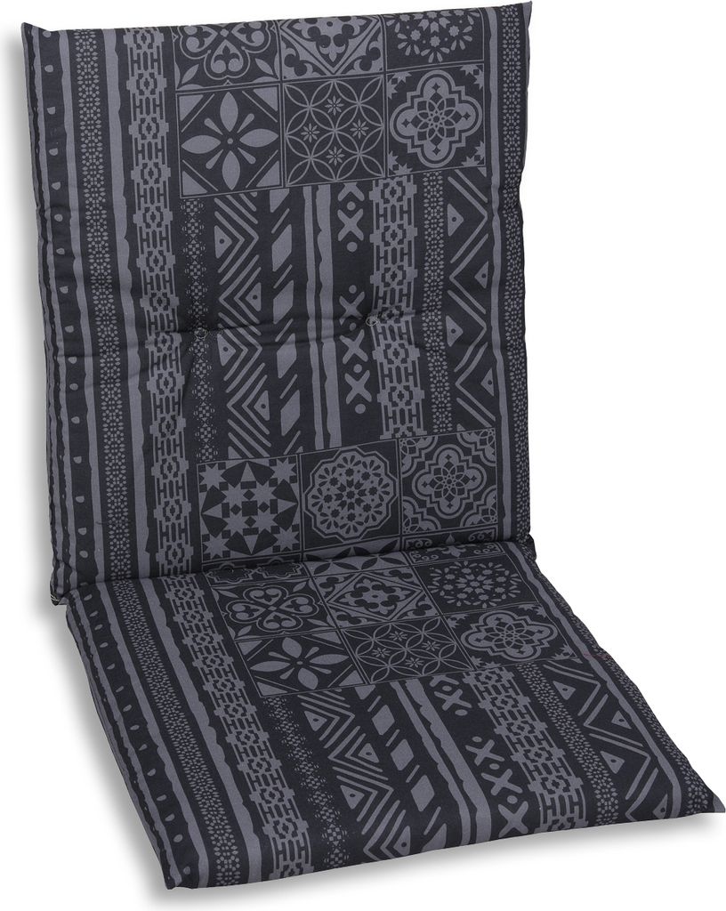 A chair cushion with a patterned fabric.