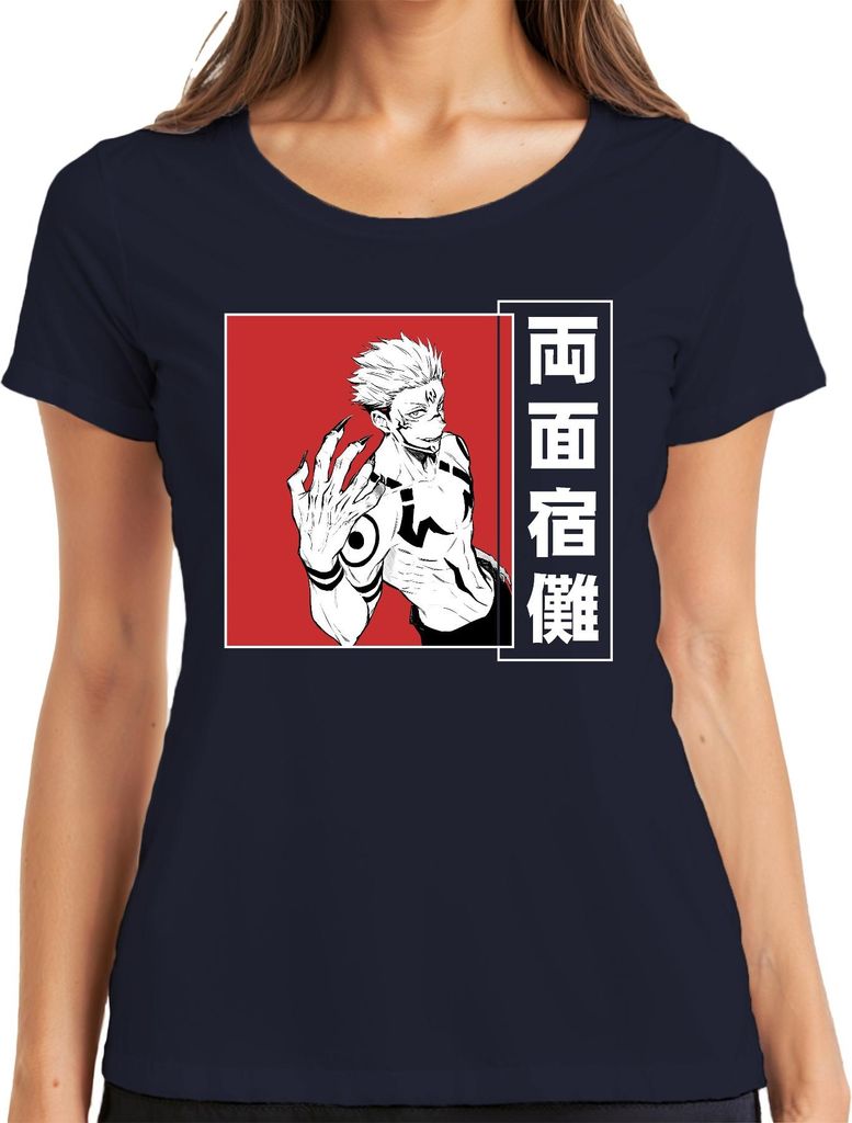 Ryomen Sukuna Jujutsu Kaisen Dämon Manga Anime Ästhetik düster rot Damen T-Shirt, Navy, 3XL