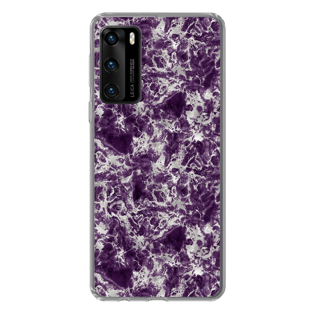MuchoWow Handyhülle Schutzhülle Hülle für Huawei P40 Marmor - Lila - Silber - Muster Silikon Softcase Handy Hülle - Handytasche
