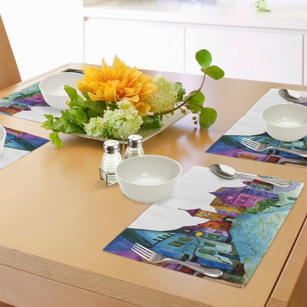 ABAKUHAUS Karikatur Platzmatten, Europäische Landschaft mit Pastellfarben und Road Aged Old Architecture Bild drucken, Tiscjdeco aus Farbfesten St...